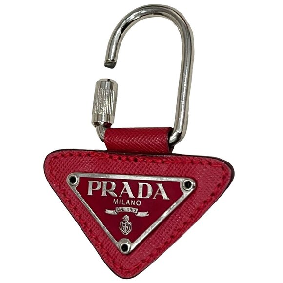PRADA: Silver Metal & Red Saffiano Leather/Enamel Logo Bag Charm/Keychain #1550 - Picture 3 of 5